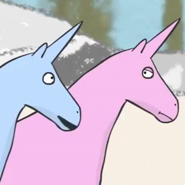 Two unicorns looking at each other, one ostensibly saying 'obviously!'